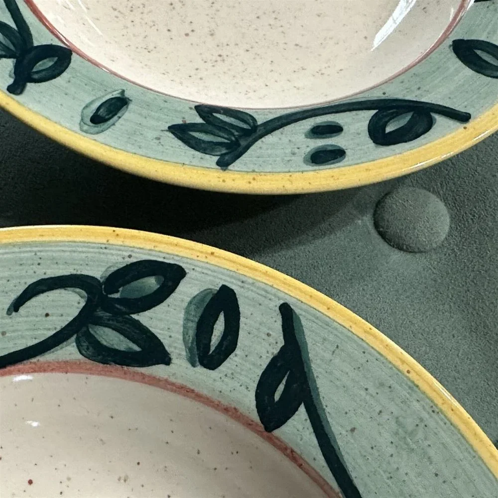 Potter And Smith Stoneware Rim Soup Cereal Bowls Green Speckled Rustic